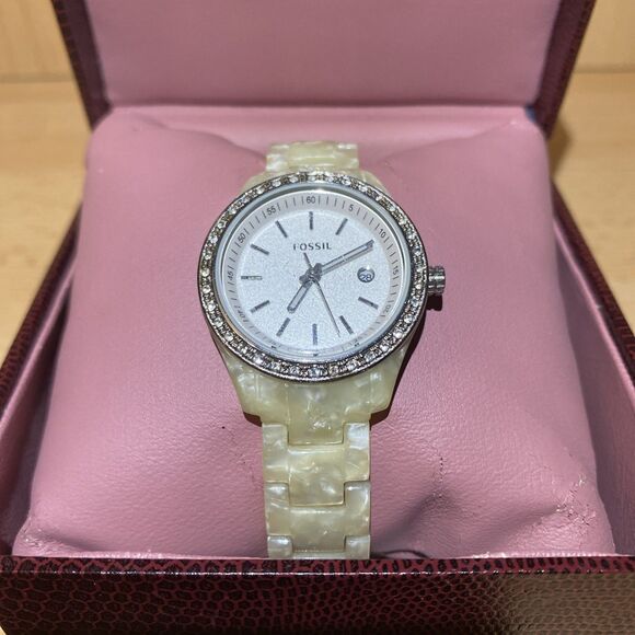 Fossil Stella Mini Watch Women Silver Tone Date Pave Pearlized New Battery 6.5" - Picture 1 of 5